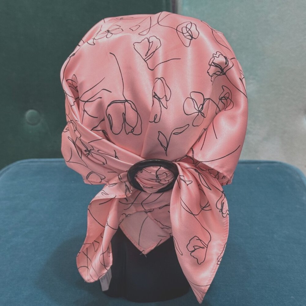 Lark & Ives Abstract Floral Sateen Scarf with Clip, 20 in x 20 in, Coral/Black